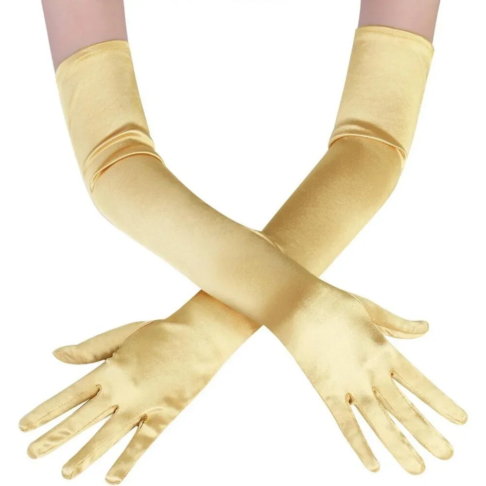 Women's Gold Vintage Satin Long Gloves Party Tea Costume Stretchy Elbow Length